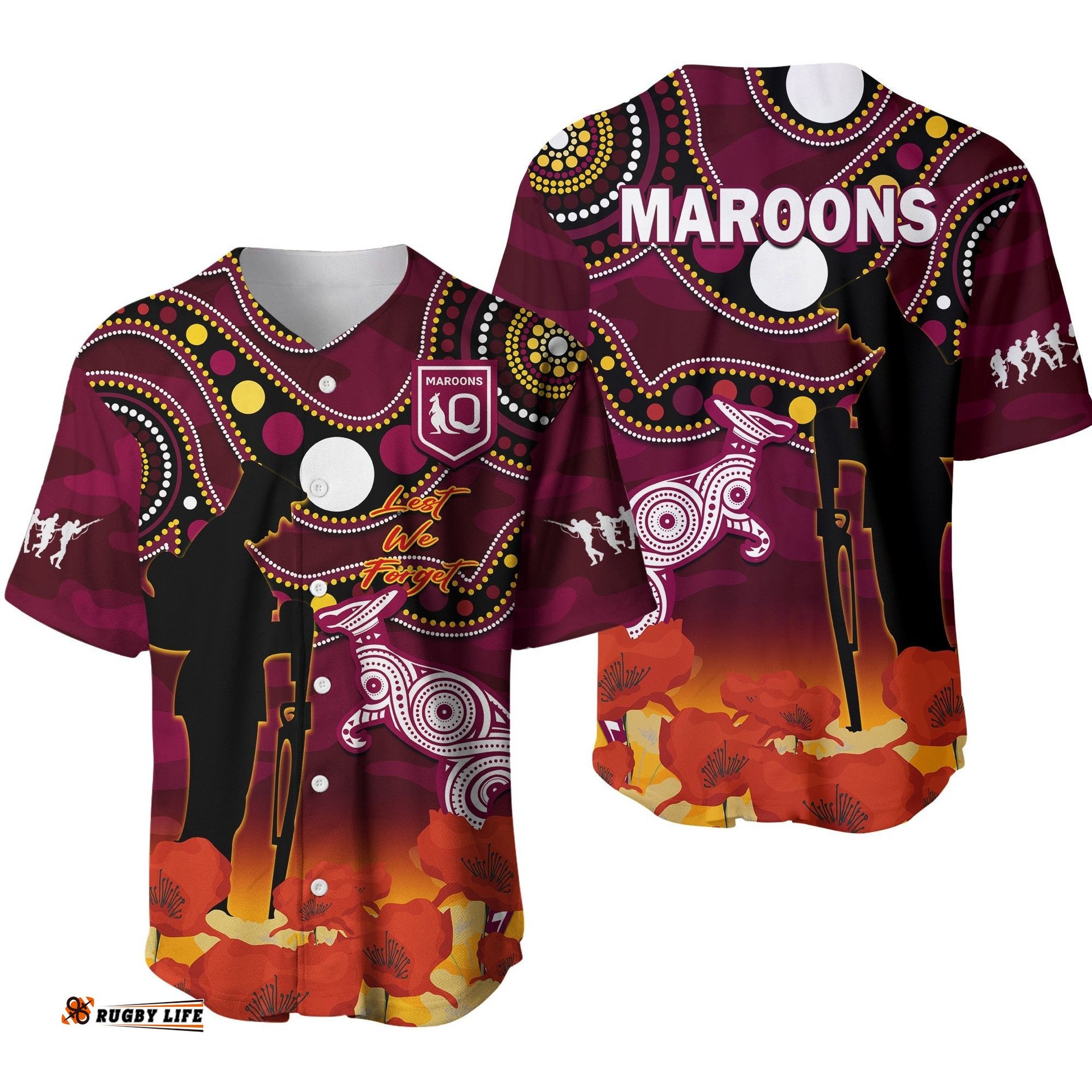 Maroons Rugby ANZAC Baseball Jersey Shirt QLD Aboriginal Mix Poppy Camouflage Ver.01