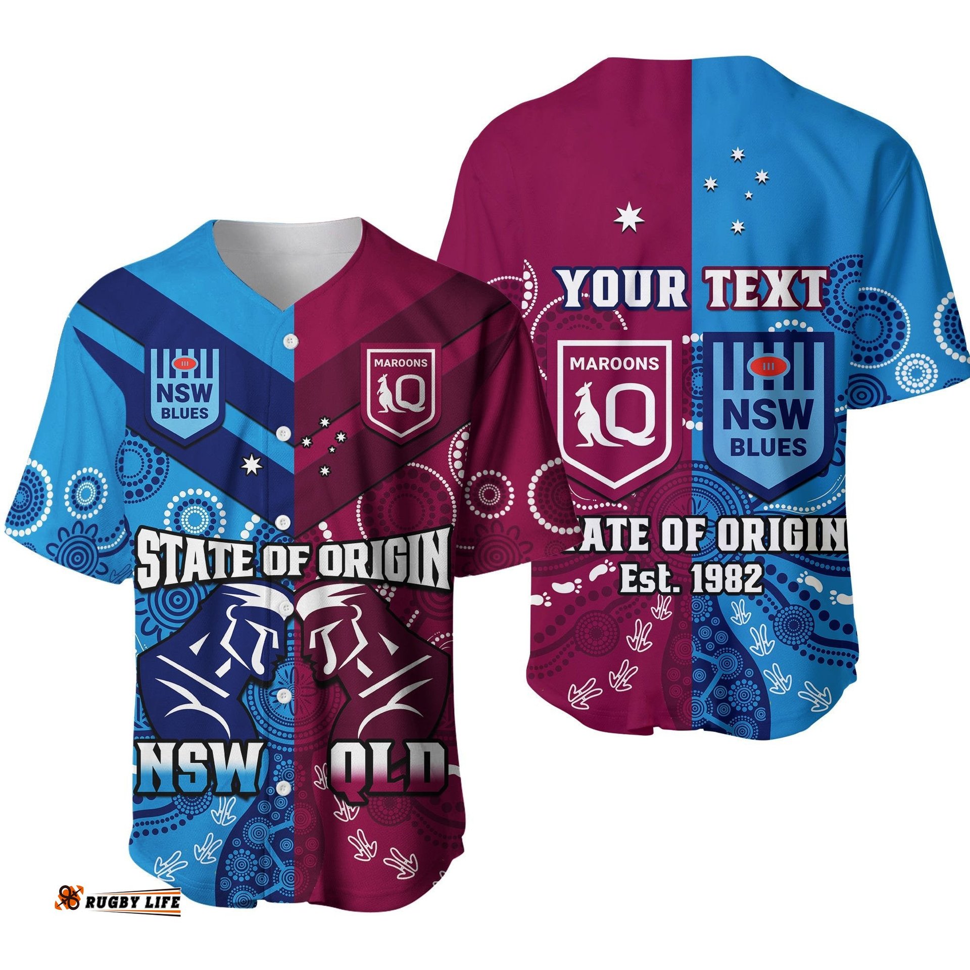 Custom Personalised QLD Maroons And NSW Blues Rugby Baseball Jersey Shirt State of Origin Indigenous Ver.01