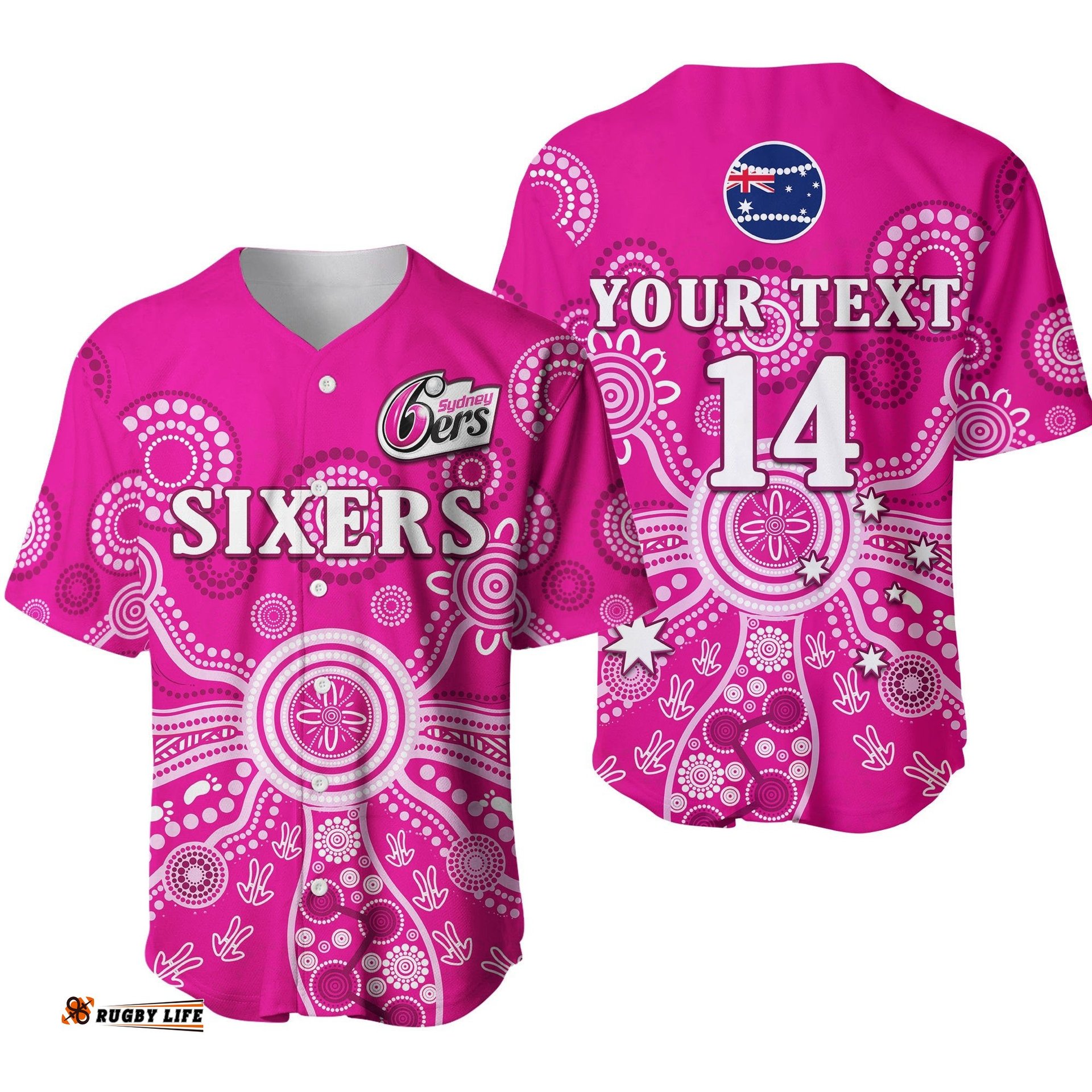 Custom Text And Number Sydney Sixers Baseball Jersey Shirt Cricket Indigenous Australian Art Ver.02
