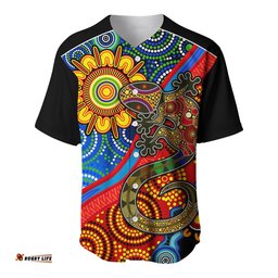 Custom Text and Number Australia Lizard and Sun Baseball Jersey Shirt Aboriginal Art Speical