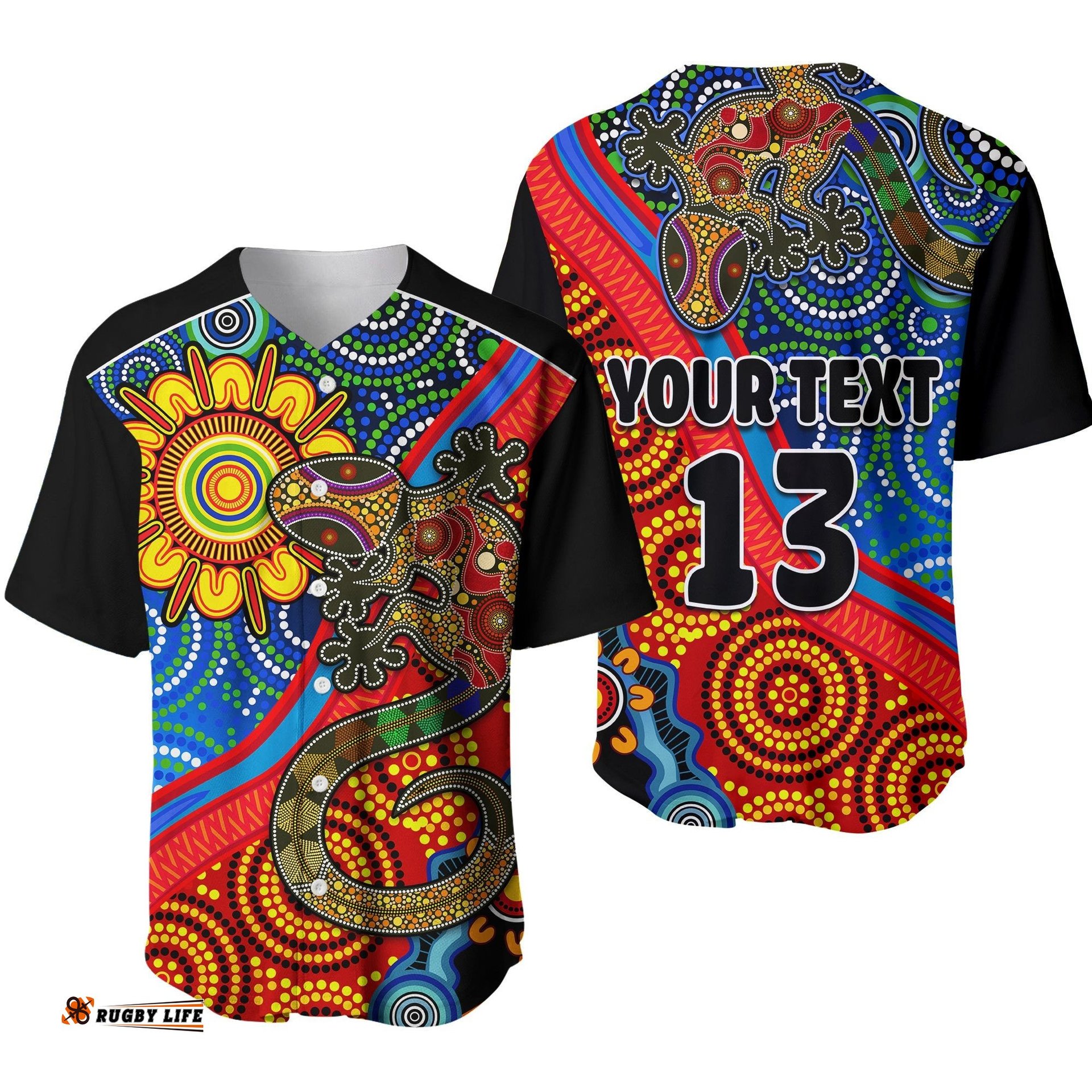 Custom Text and Number Australia Lizard and Sun Baseball Jersey Shirt Aboriginal Art Speical