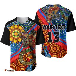 Custom Text and Number Australia Lizard and Sun Baseball Jersey Shirt Aboriginal Art Speical