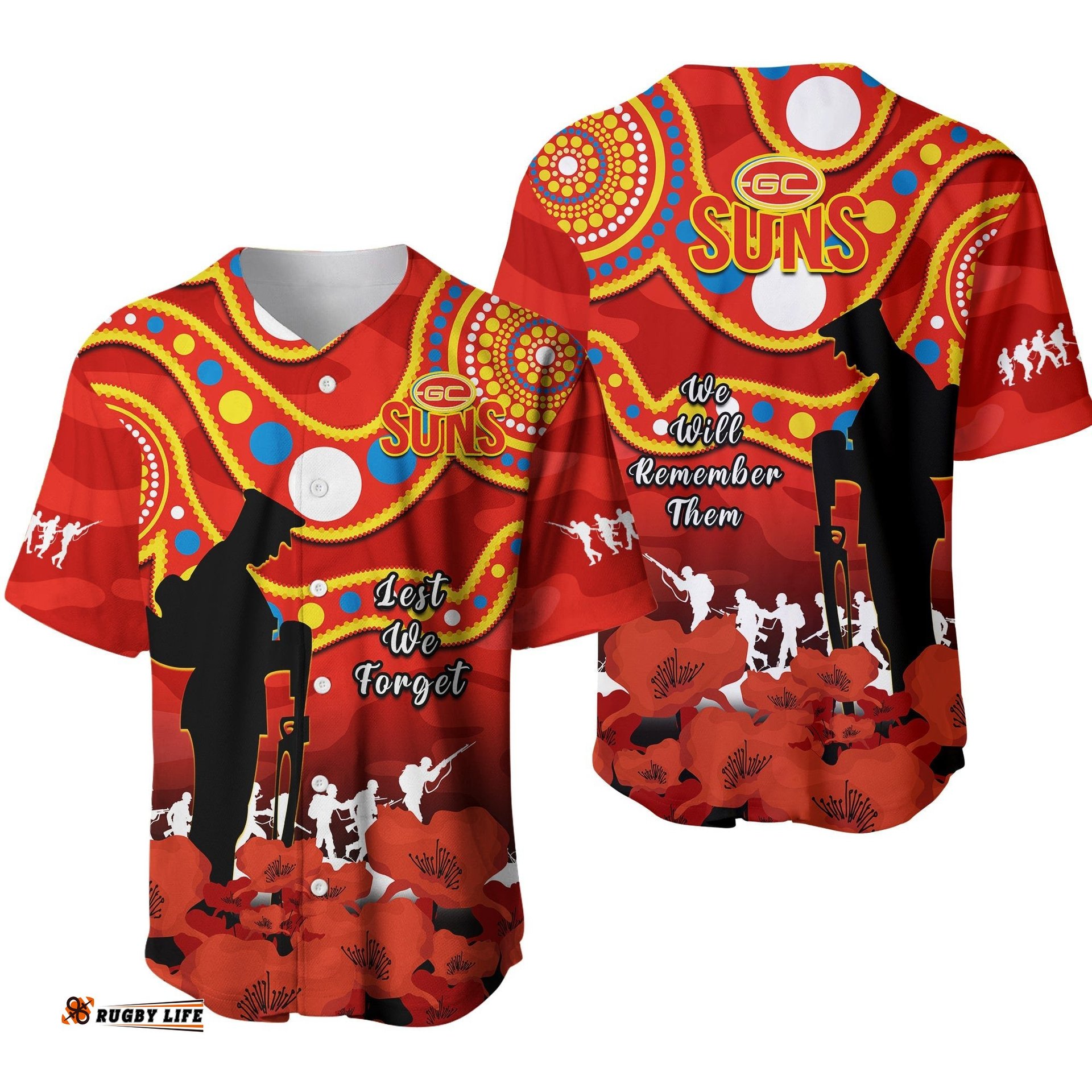 Gold Coast Football ANZAC Baseball Jersey Shirt Suns Aboriginal Mix Poppy Camouflage Ver.01