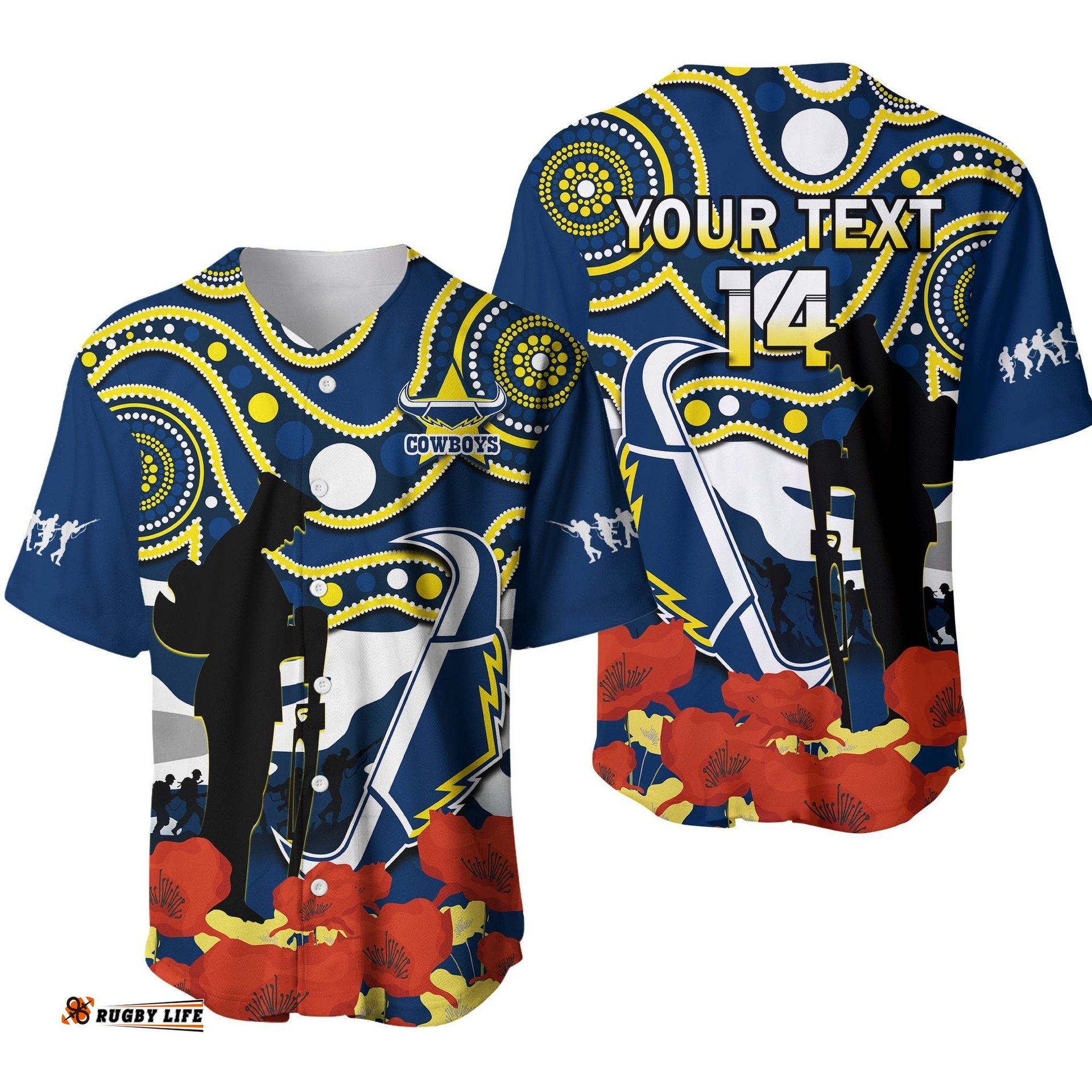 Custom Text And Number Cowboys Rugby ANZAC Baseball Jersey Shirt Australian Army Aboriginal Lest We Forget Ver.01
