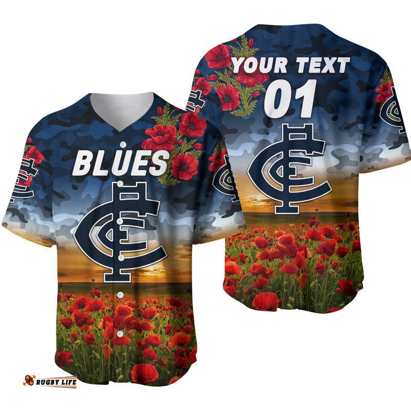 Custom Personalised Carlton Blues ANZAC Baseball Jersey Shirt Poppy Vibes