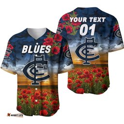 Custom Personalised Carlton Blues ANZAC Baseball Jersey Shirt Poppy Vibes