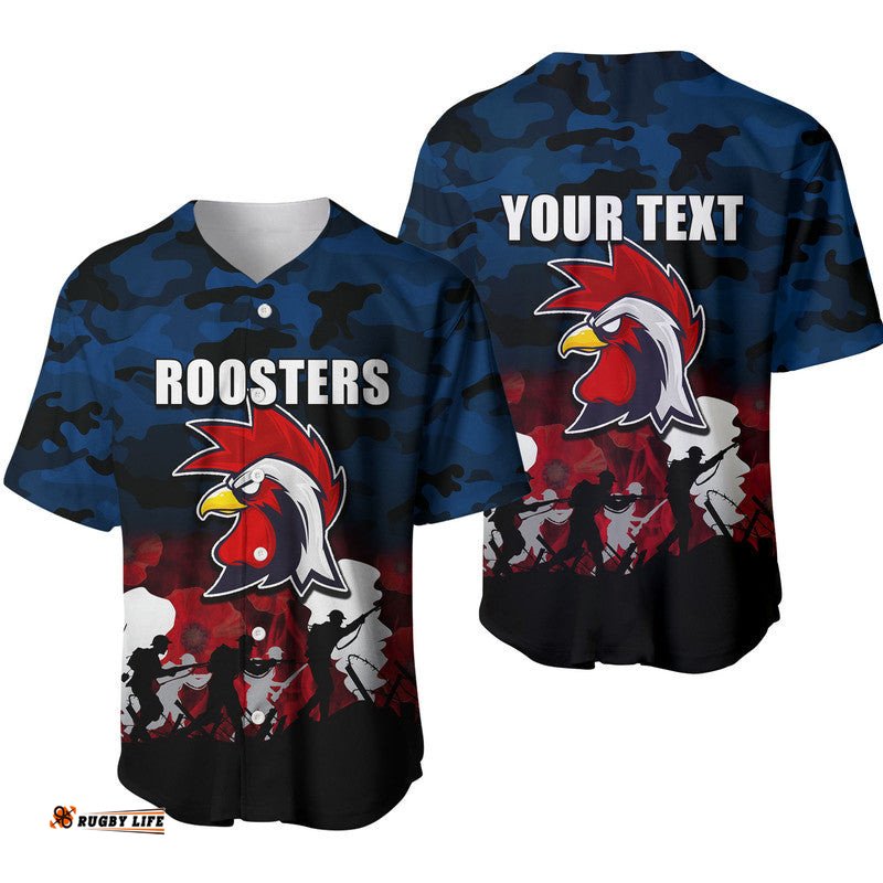 Custom Personalised NRL Anzac Day Baseball Jersey Shirt Roosters Army Style