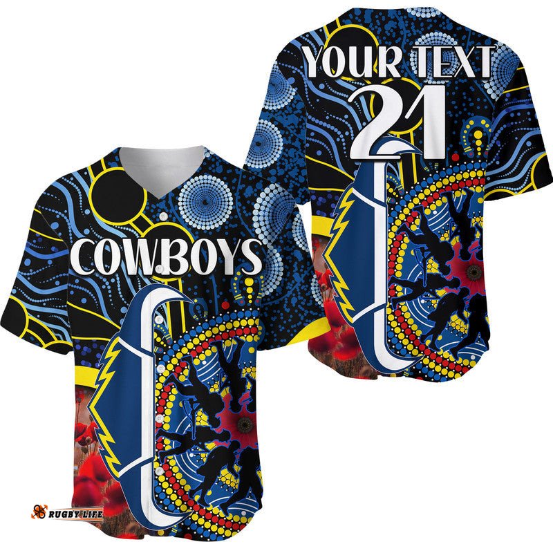 Custom Personalised Cowboys Rugby ANZAC Baseball Jersey Shirt Aboriginal Military and Poppy Flowers