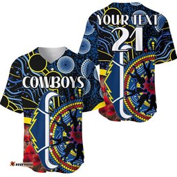 Custom Personalised Cowboys Rugby ANZAC Baseball Jersey Shirt Aboriginal Military and Poppy Flowers
