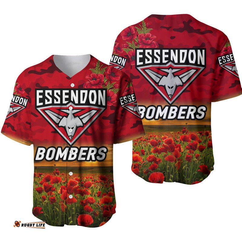 Essendon Bombers ANZAC Baseball Jersey Shirt Poppy Vibes Red