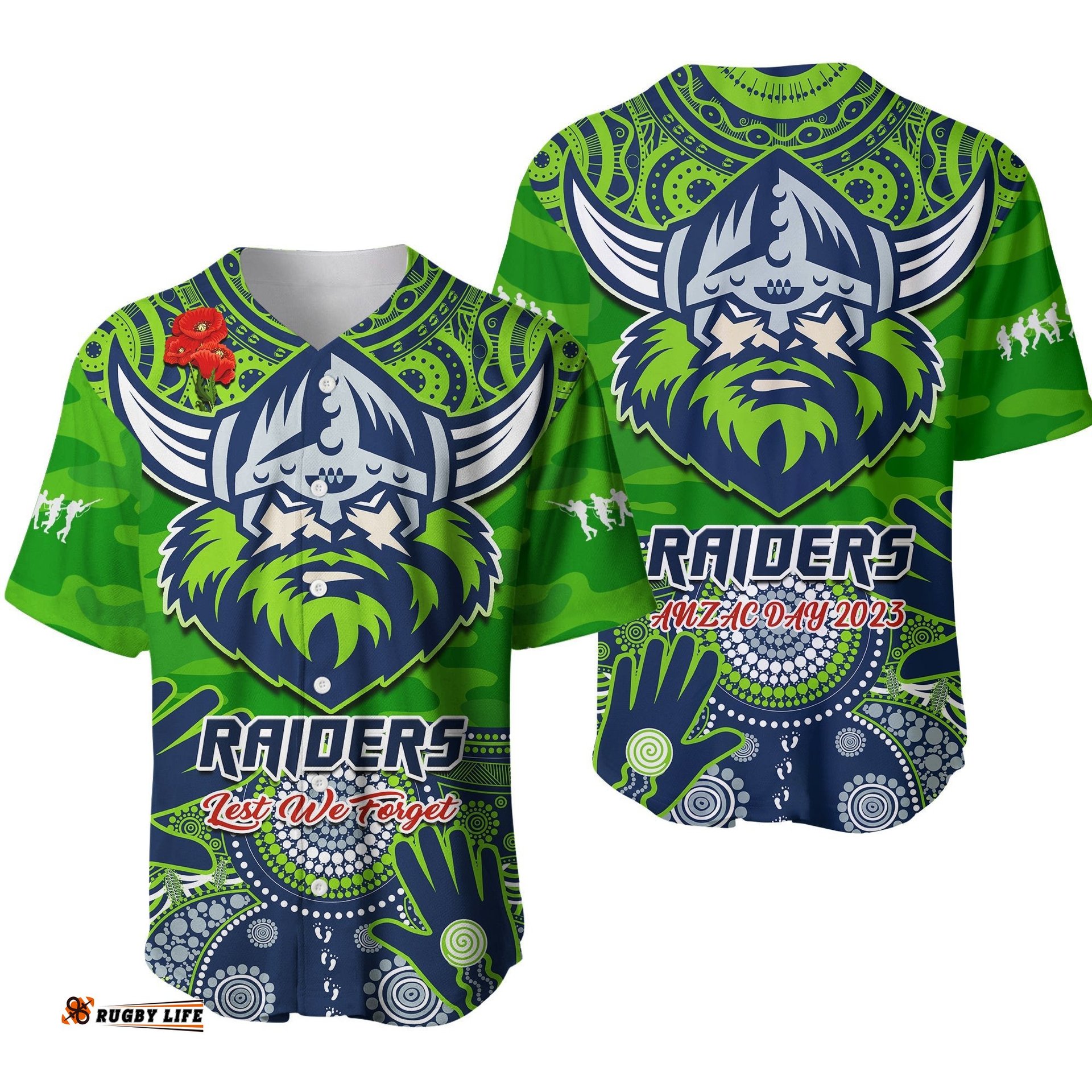 Raiders Rugby ANZAC Baseball Jersey Shirt Dots Poppy Mix Camouflage Lest We Forget Ver.01