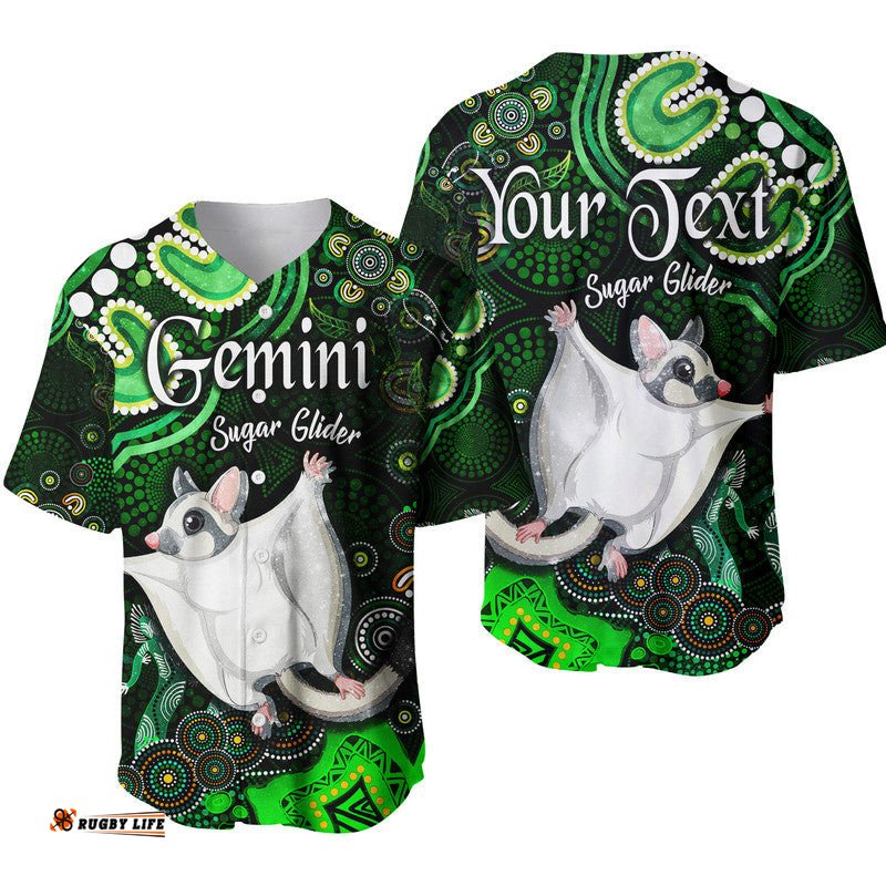 Custom Personalised Australian Astrology Baseball Jersey Shirt Gemini Sugar Glider Zodiac Aboriginal Vibes Green