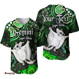 Custom Personalised Australian Astrology Baseball Jersey Shirt Gemini Sugar Glider Zodiac Aboriginal Vibes Green