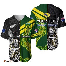 Custom Personalised Australia Kangaroos And All Black Rugby Baseball Jersey Shirt Aboriginal Mix NZ Maori Fern Ver.01