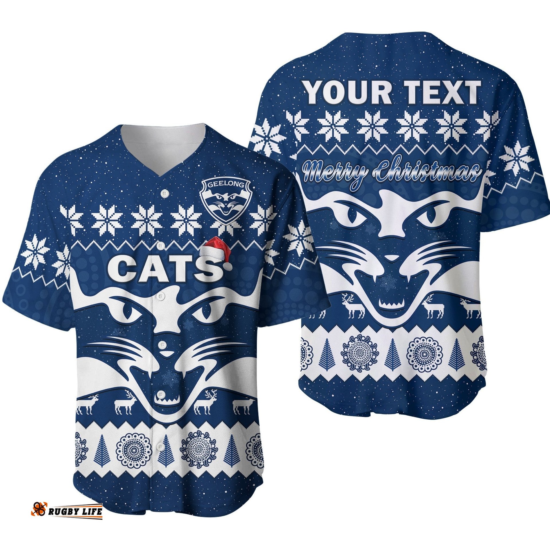 Custom Personalised Cats Football Christmas Baseball Jersey Shirt Geelong Aboriginal Painting