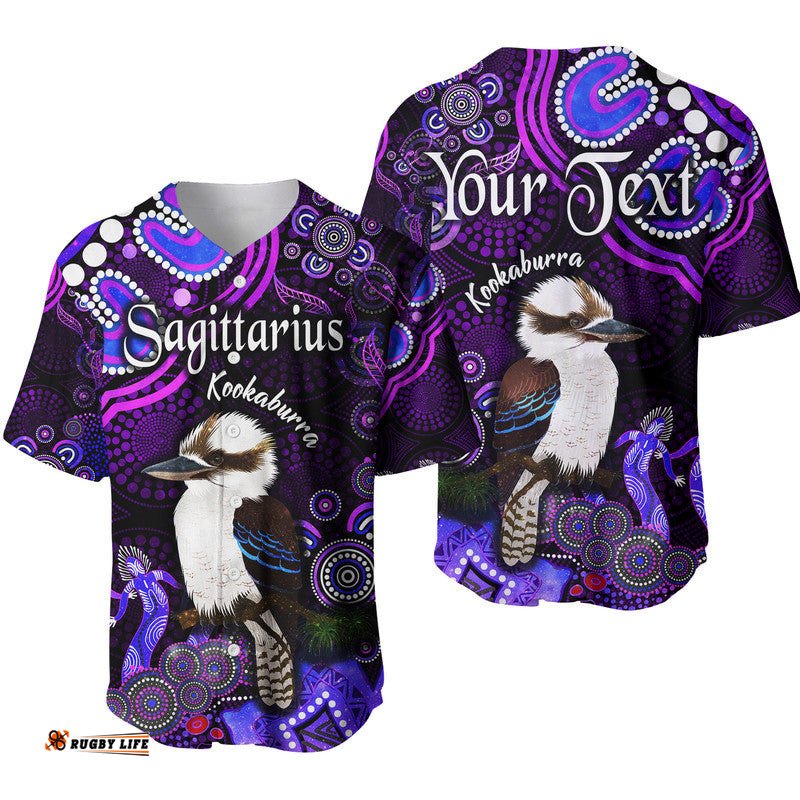 Custom Personalised Australian Astrology Baseball Jersey Shirt Sagittarius Kookaburra Zodiac Aboriginal Vibes Purple