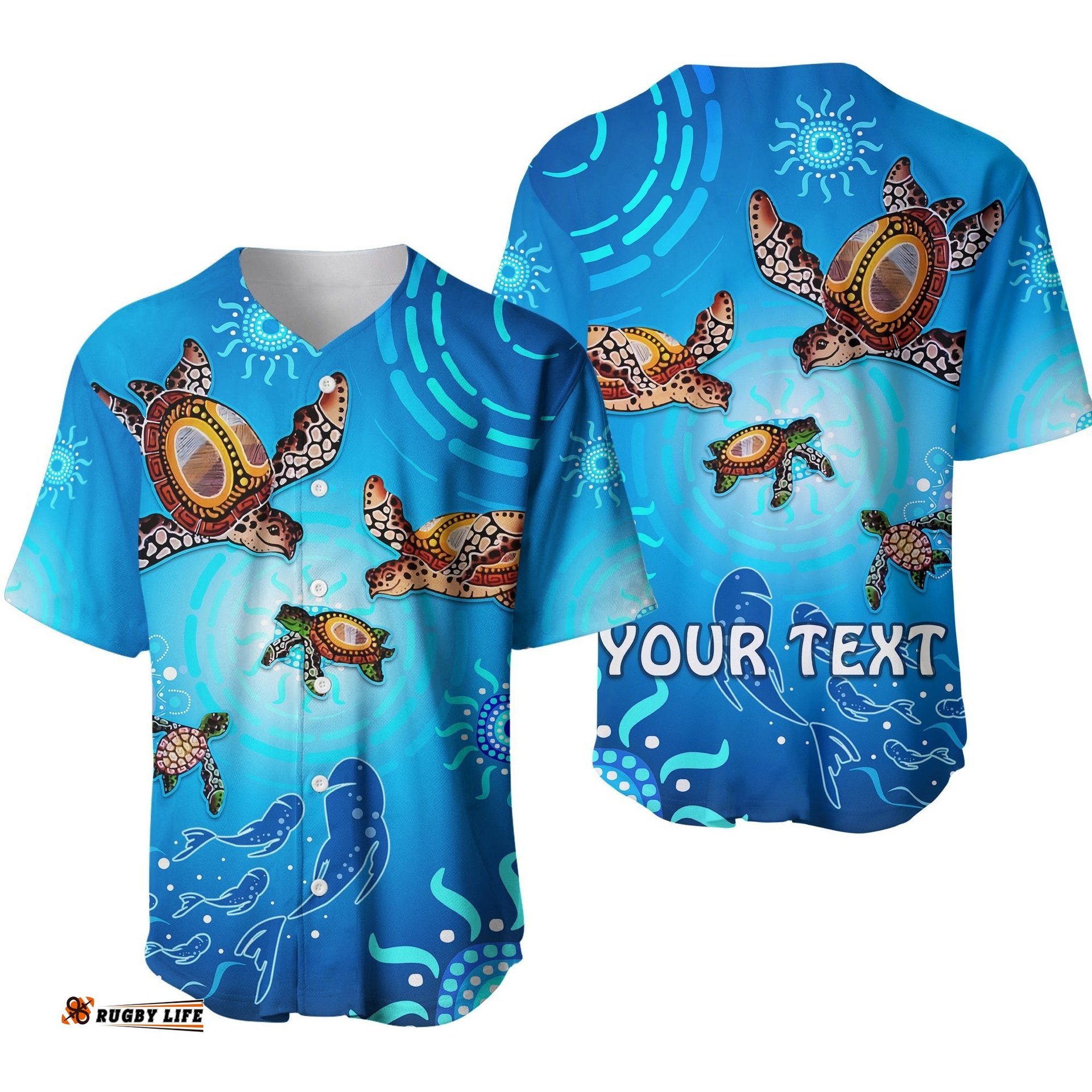 Custom Personalised Australian Aboriginal Baseball Jersey Shirt Happy Turtle Family Version Blue