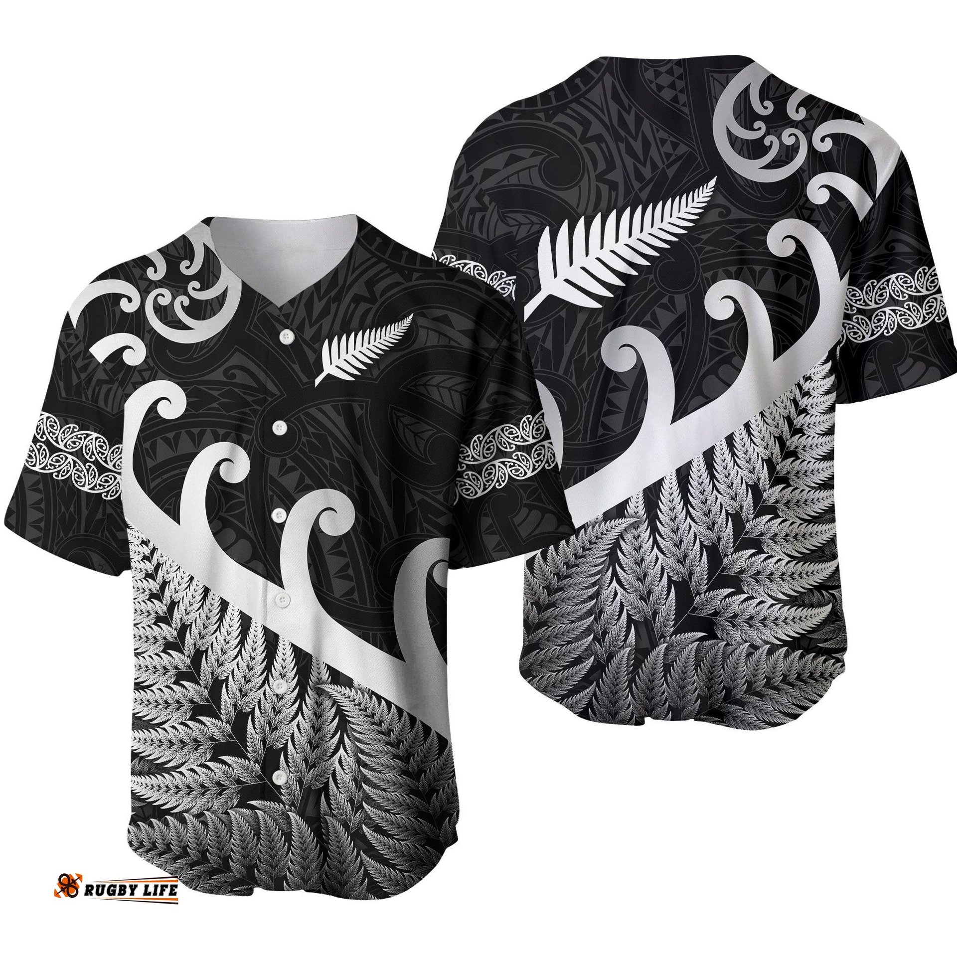 New Zealand Rugby Maori Baseball Jersey Shirt Silver Fern Koru Vibes Black