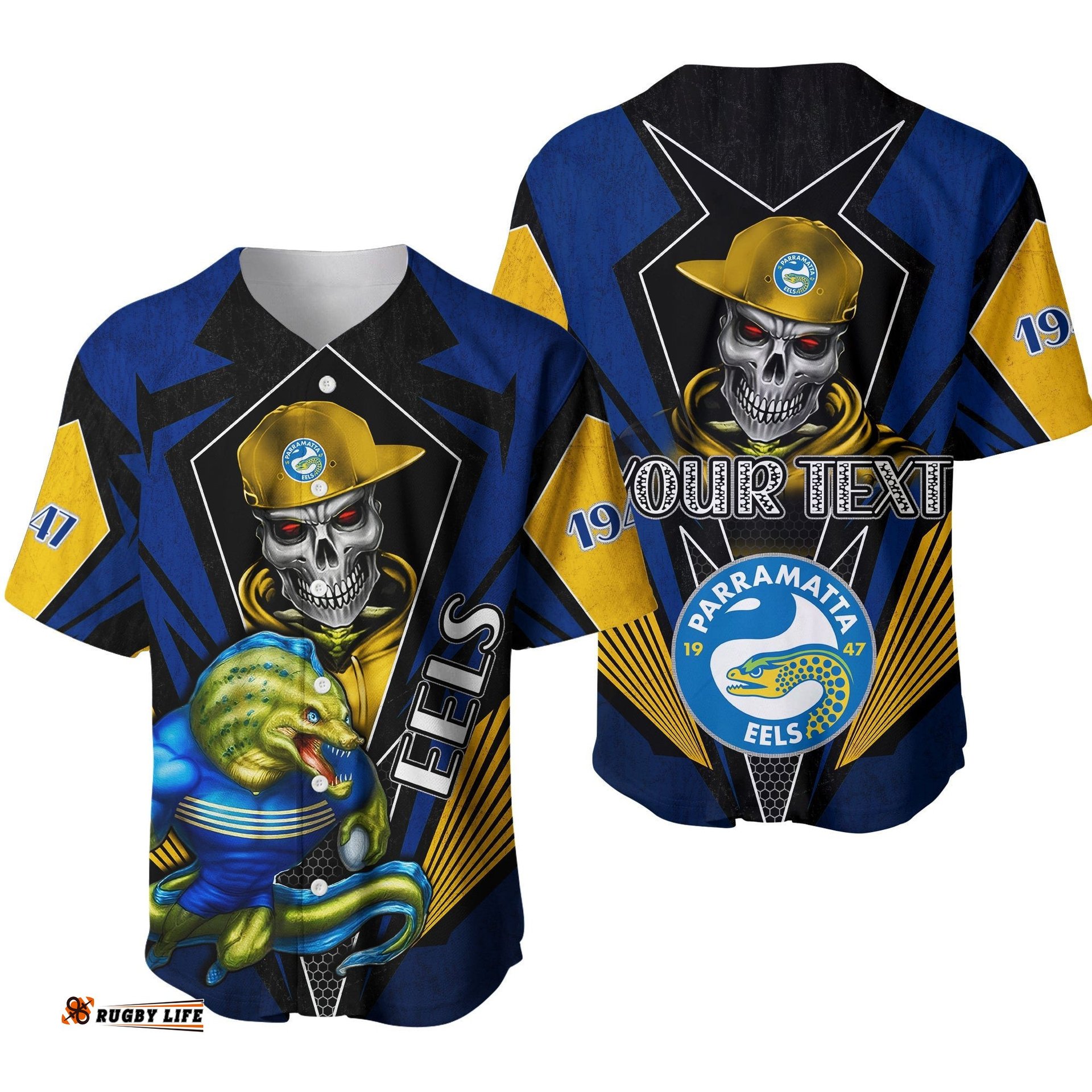 Custom Personalised Eels Rugby Baseball Jersey Shirt Mascot Parramatta Since 1947 Cool Skull Ver.01