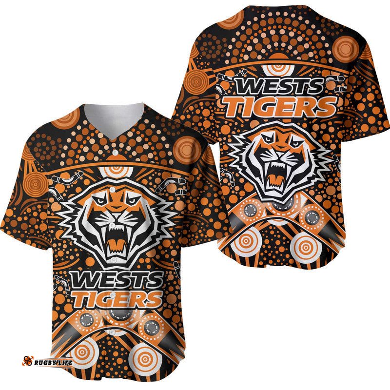 Wests Tigers Rugby Baseball Jersey Shirt Boomerang Indigenous Dots