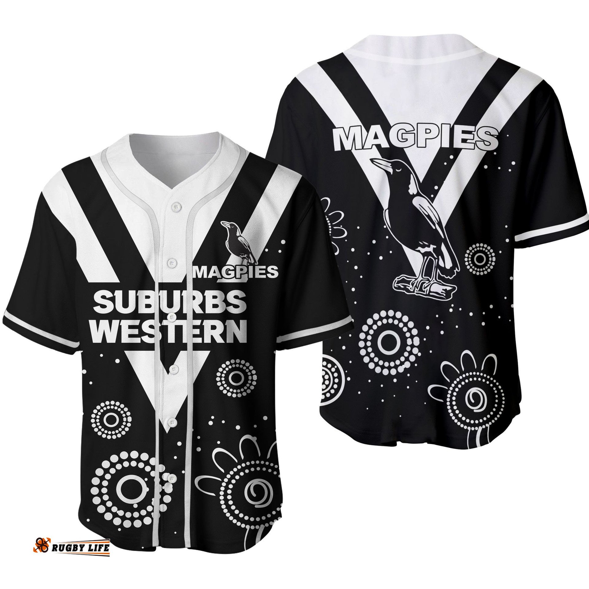 Western Suburbs Magpies Baseball Jersey Shirt Indigenous Dot Painting Art