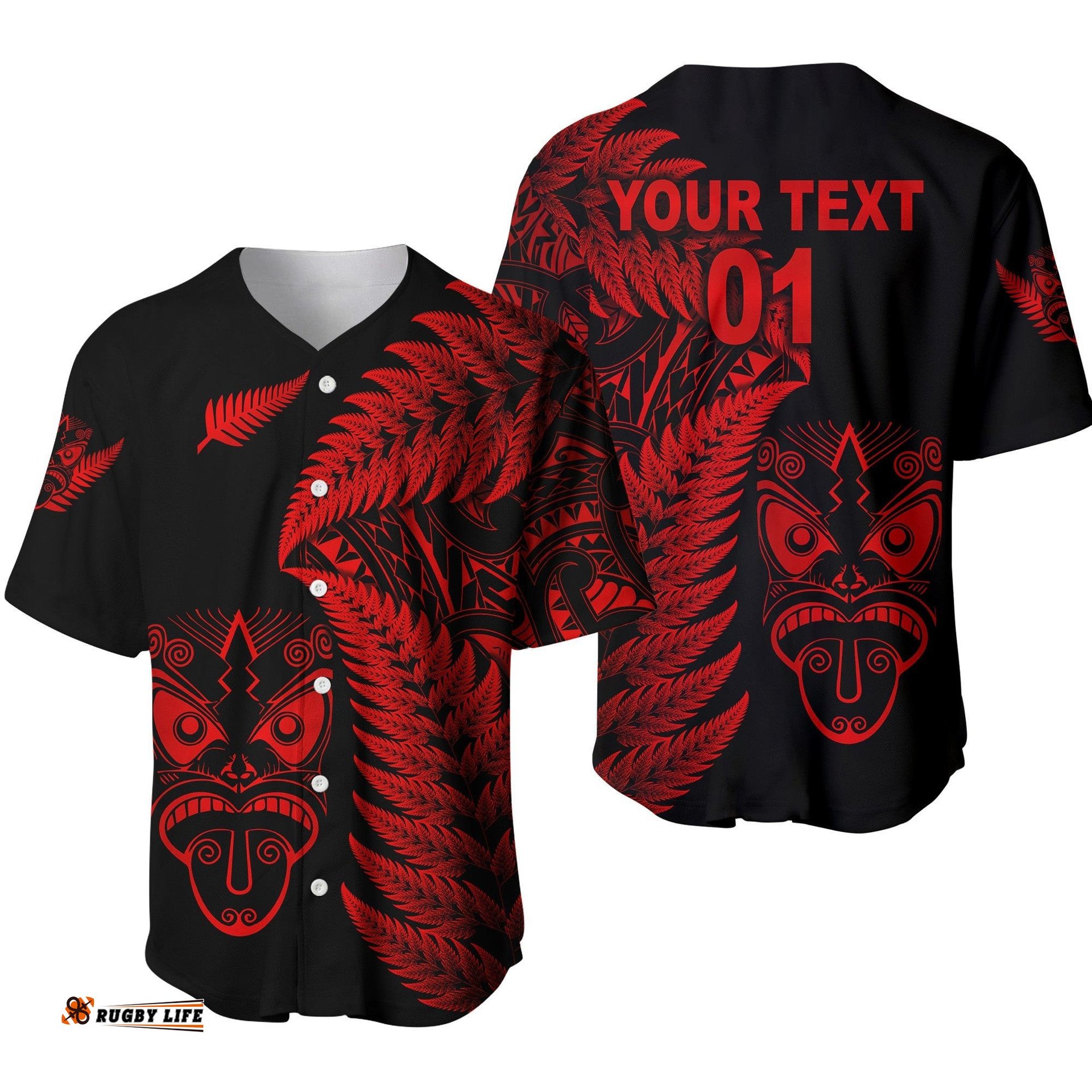 Custom Personalised New Zealand Haka Rugby Maori Baseball Jersey Shirt Silver Fern Vibes Red