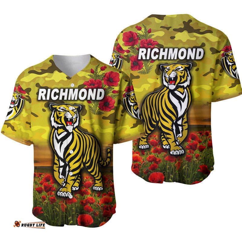 Richmond Tigers ANZAC Baseball Jersey Shirt Poppy Vibes Yellow