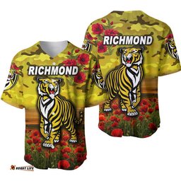 Richmond Tigers ANZAC Baseball Jersey Shirt Poppy Vibes Yellow