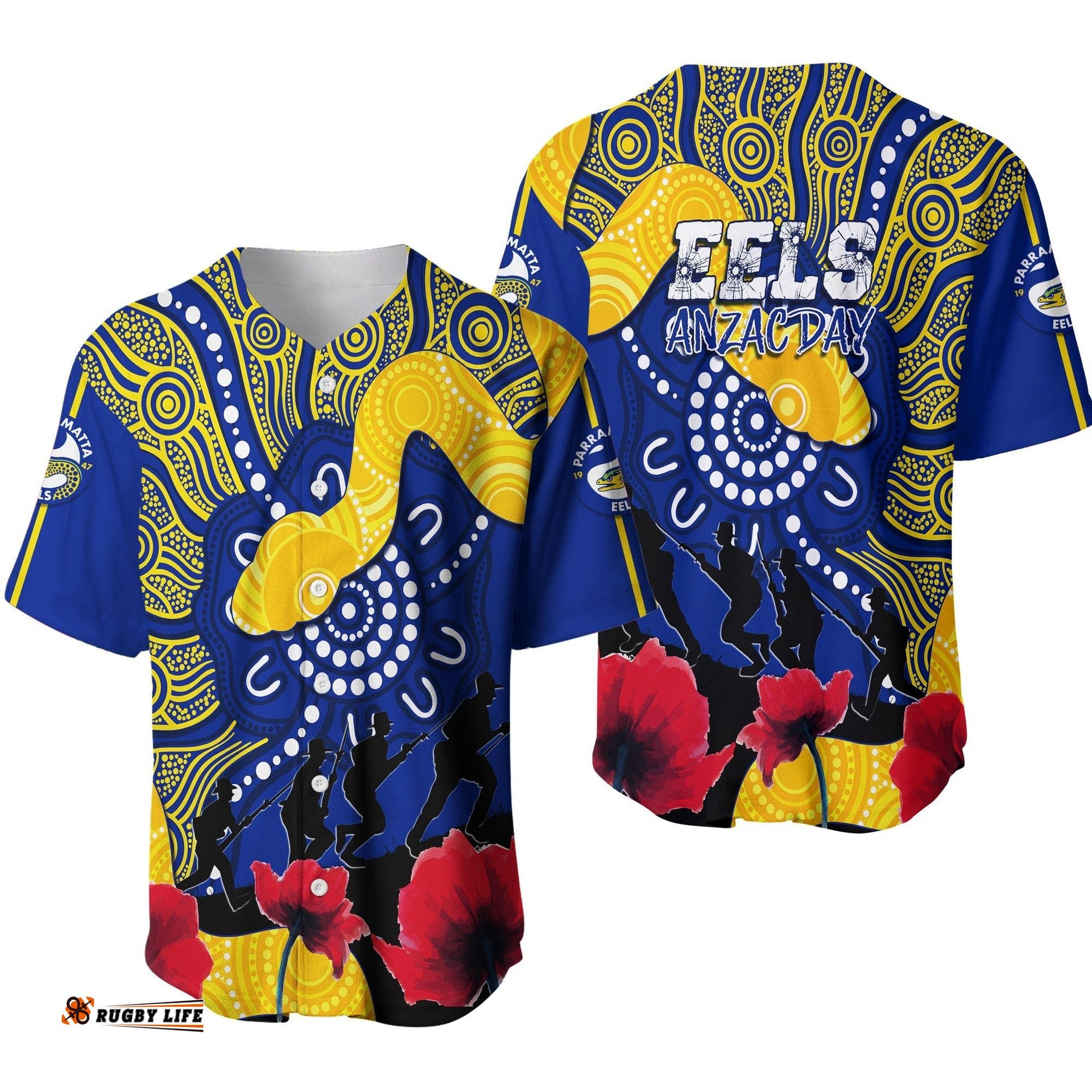 Parramatta Eels Rugby Baseball Jersey Shirt Anzac Day Aboriginal Arts