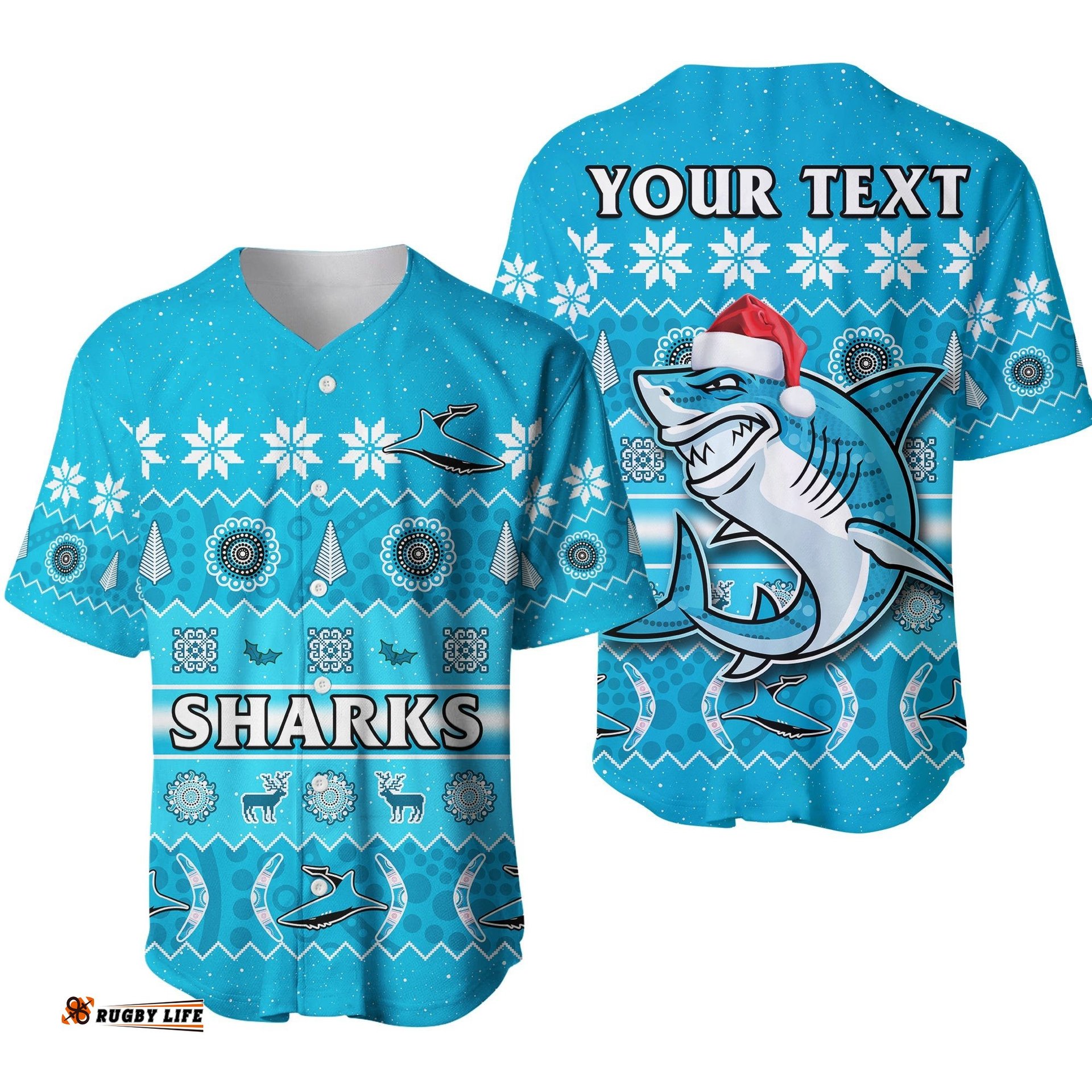 Custom Personalised Sharks Christmas Baseball Jersey Shirt Cronulla Sutherland Aboriginal Art Merry Xmas