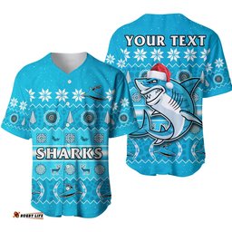 Custom Personalised Sharks Christmas Baseball Jersey Shirt Cronulla Sutherland Aboriginal Art Merry Xmas