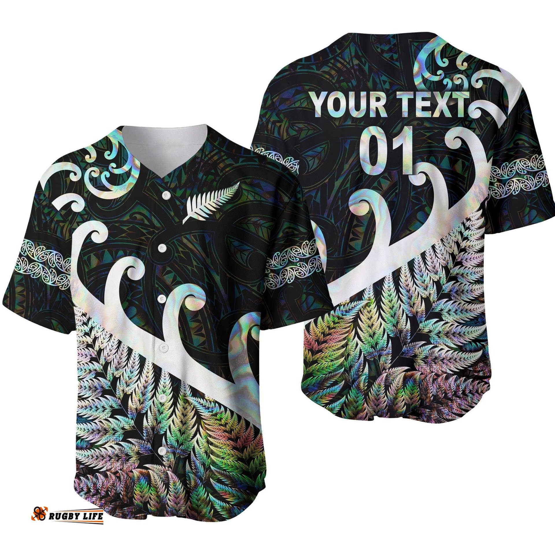 Custom Personalised New Zealand Rugby Maori Baseball Jersey Shirt Silver Fern Koru Vibes Paua Shell