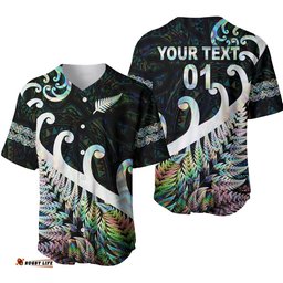Custom Personalised New Zealand Rugby Maori Baseball Jersey Shirt Silver Fern Koru Vibes Paua Shell
