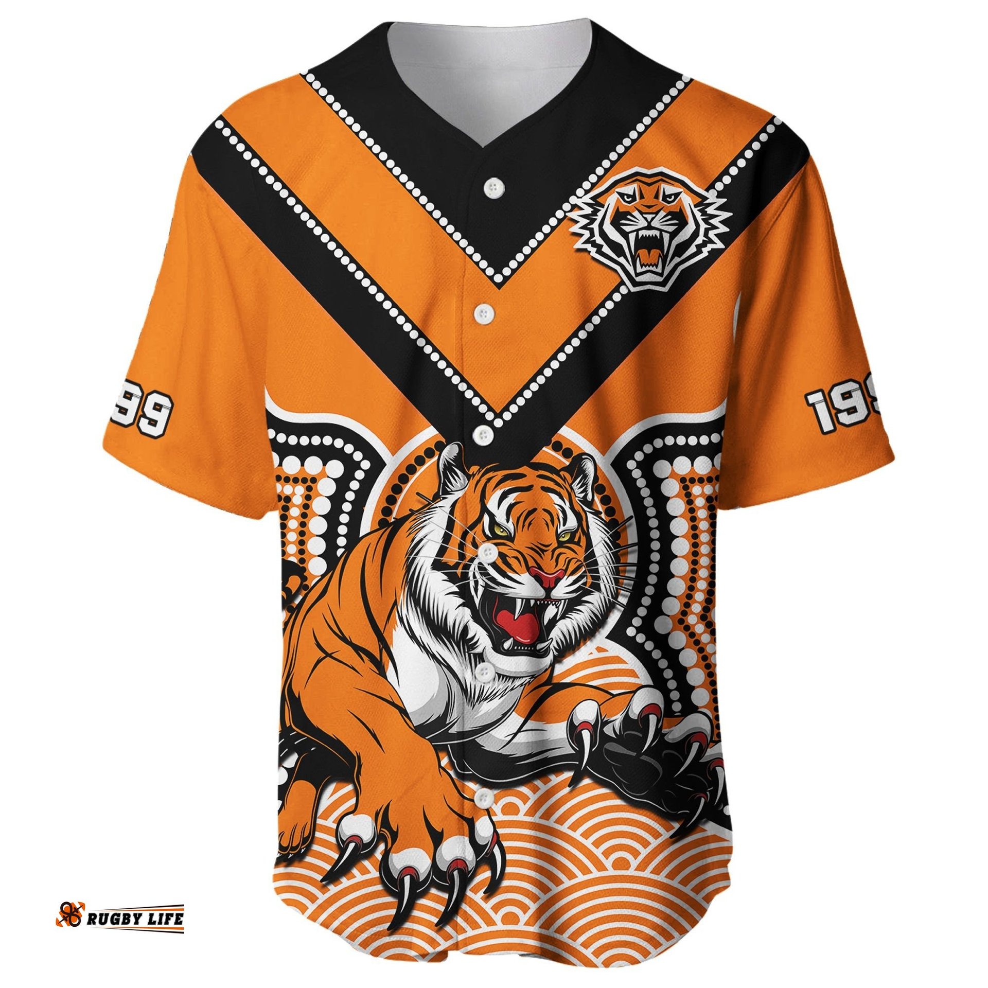 Wests Tigers Rugby Baseball Jersey Shirt Indigenous Artsy 01