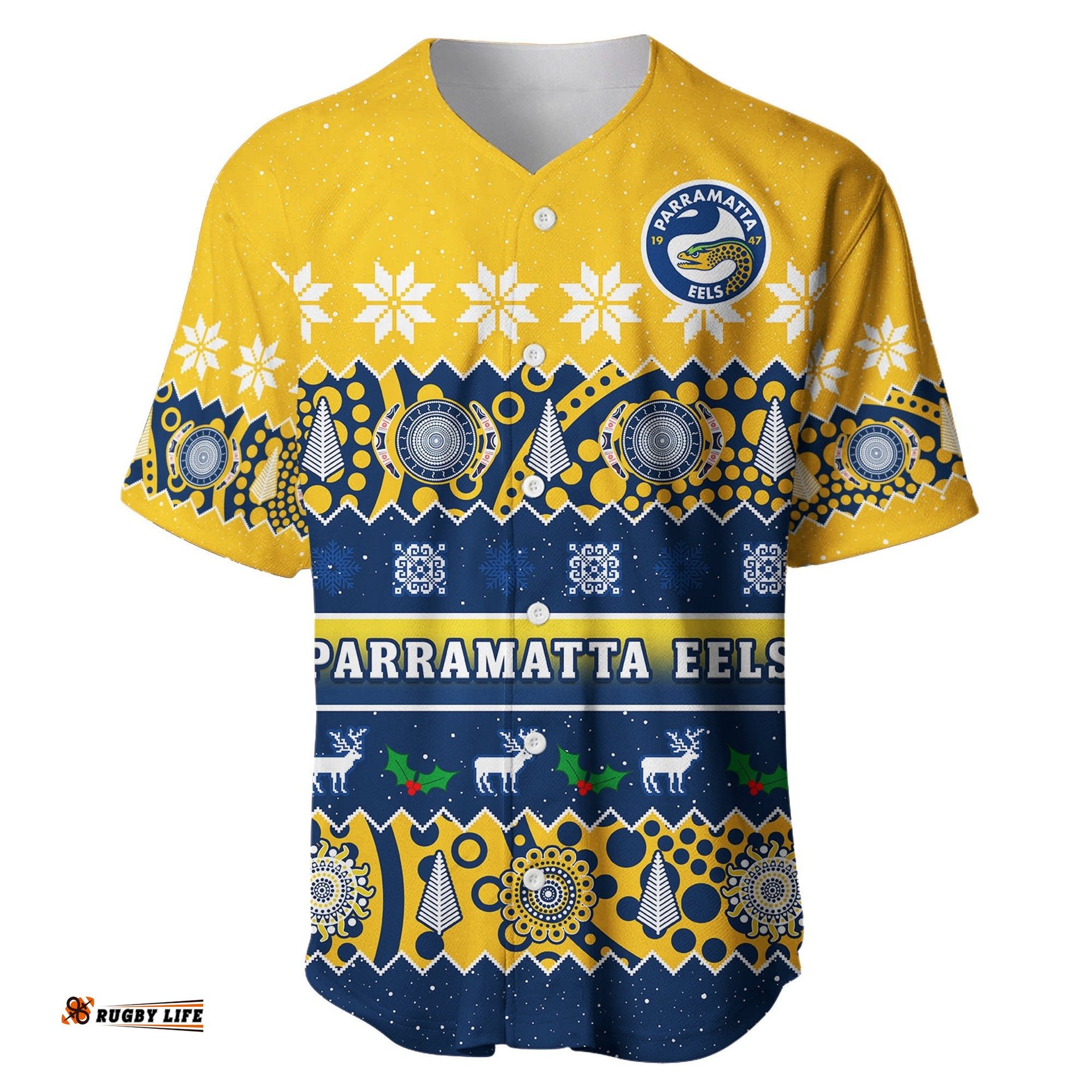 Parramatta Eels Christmas Baseball Jersey Shirt Parra Aboriginal Art Merry Xmas