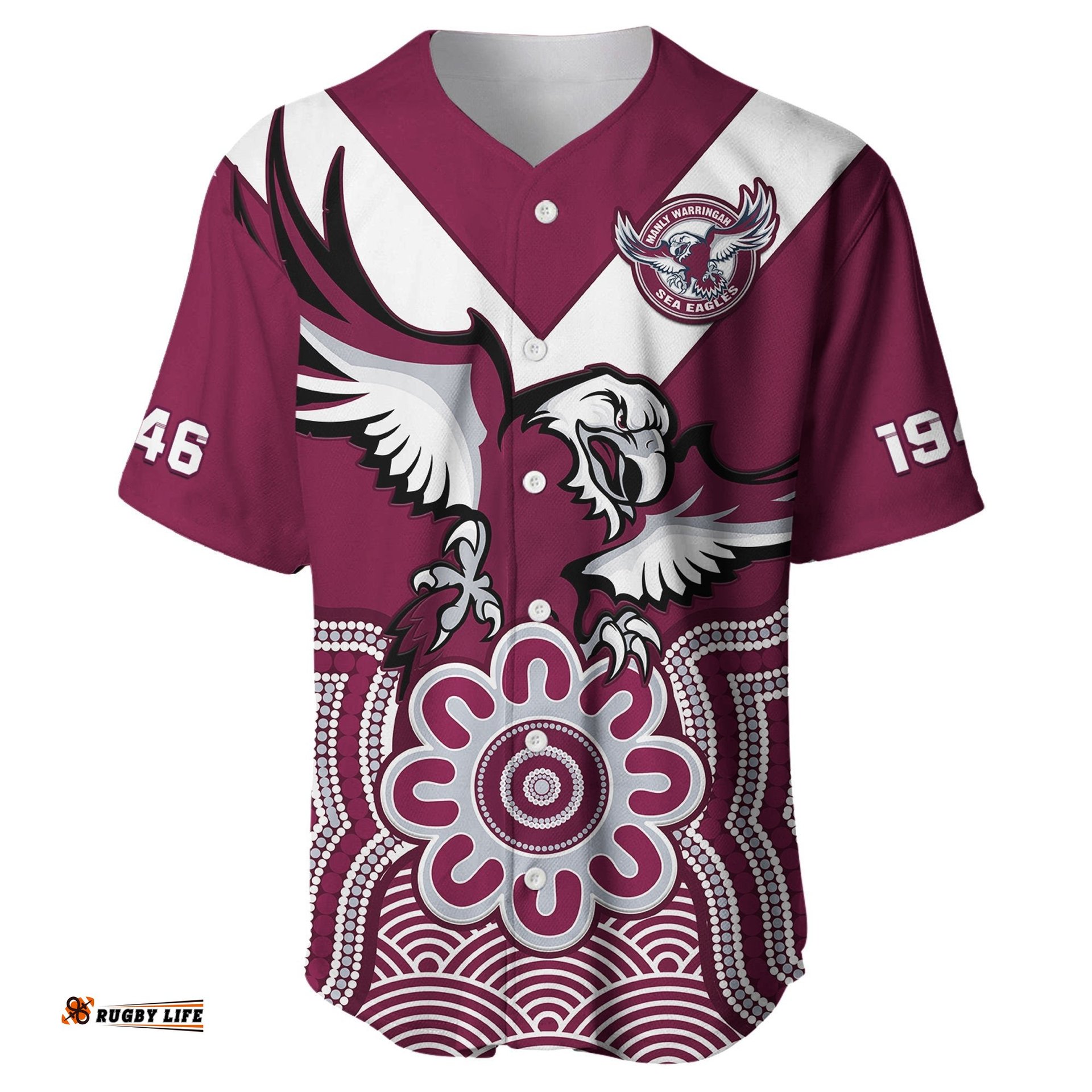 Sea Eagles Rugby Baseball Jersey Shirt Manly Warringah Indigenous Art
