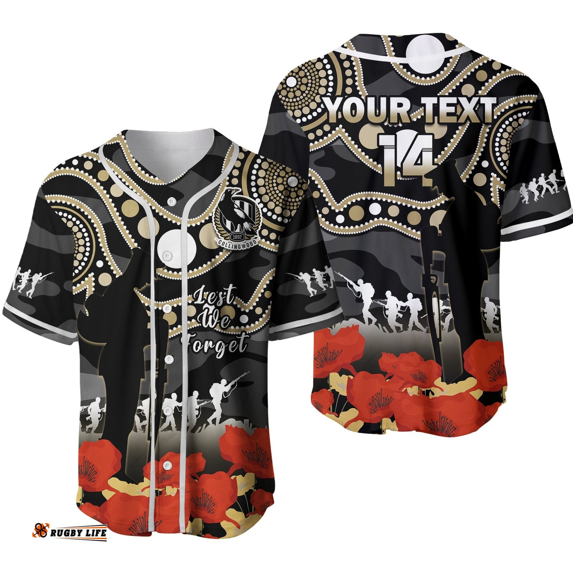 Custom Text And Number Collingwood Football ANZAC Baseball Jersey Shirt Aboriginal Mix Poppy Camouflage Ver.02