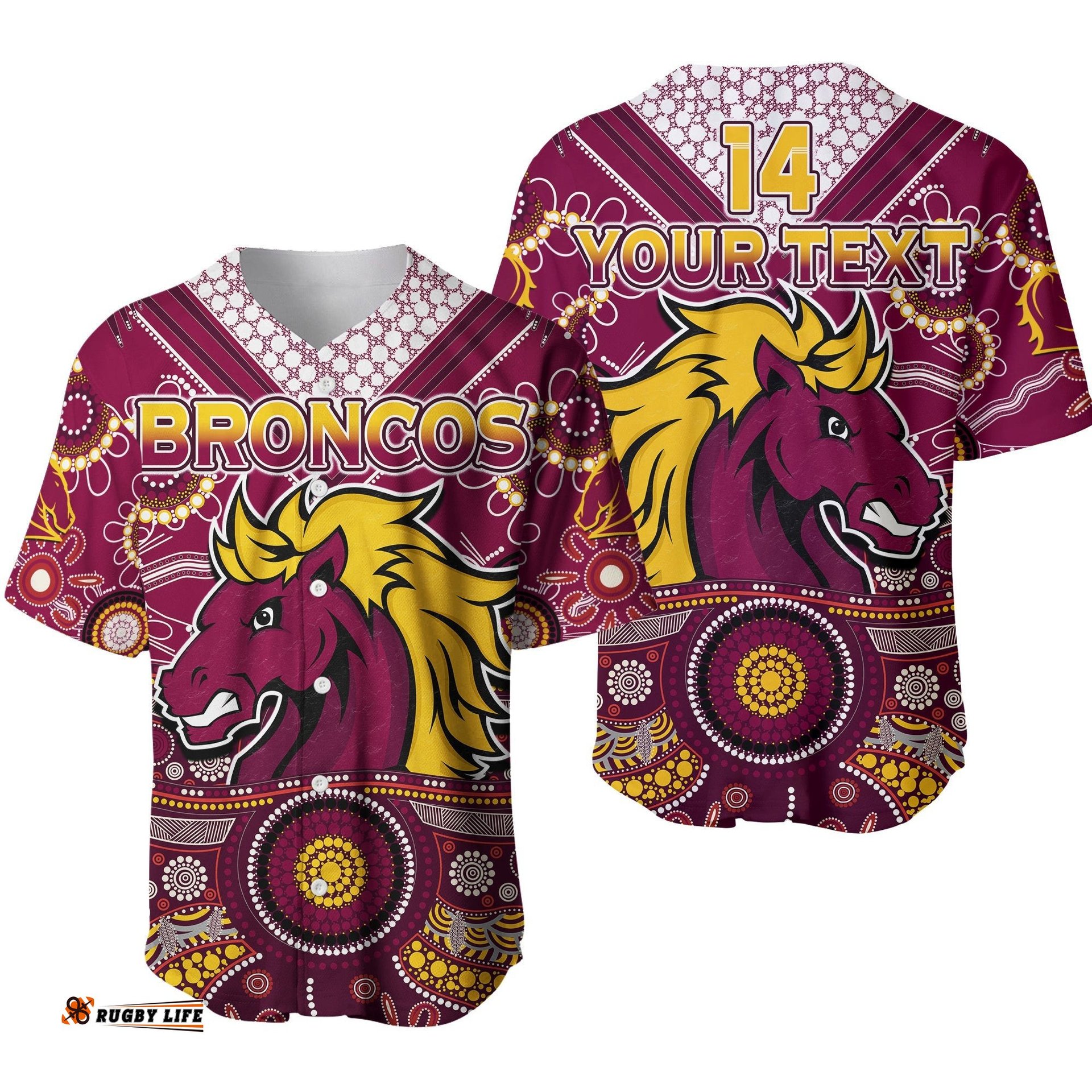 Custom Text And Number Broncos Rugby Baseball Jersey Shirt Indigenous Pattern Artsy Ver.02