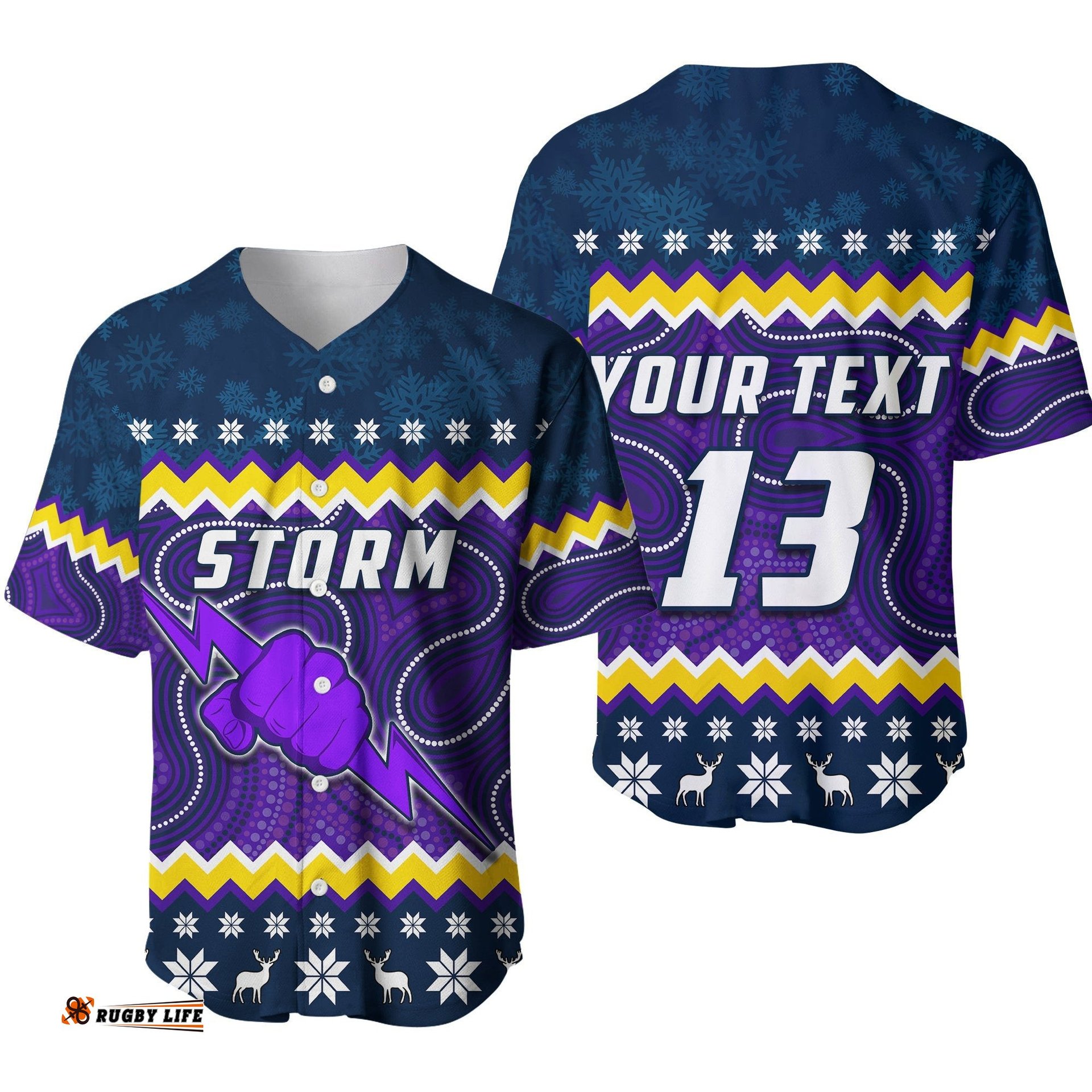 Custom Text and Number Storm Baseball Jersey Shirt Christmas Melbourne Mix Indigenous