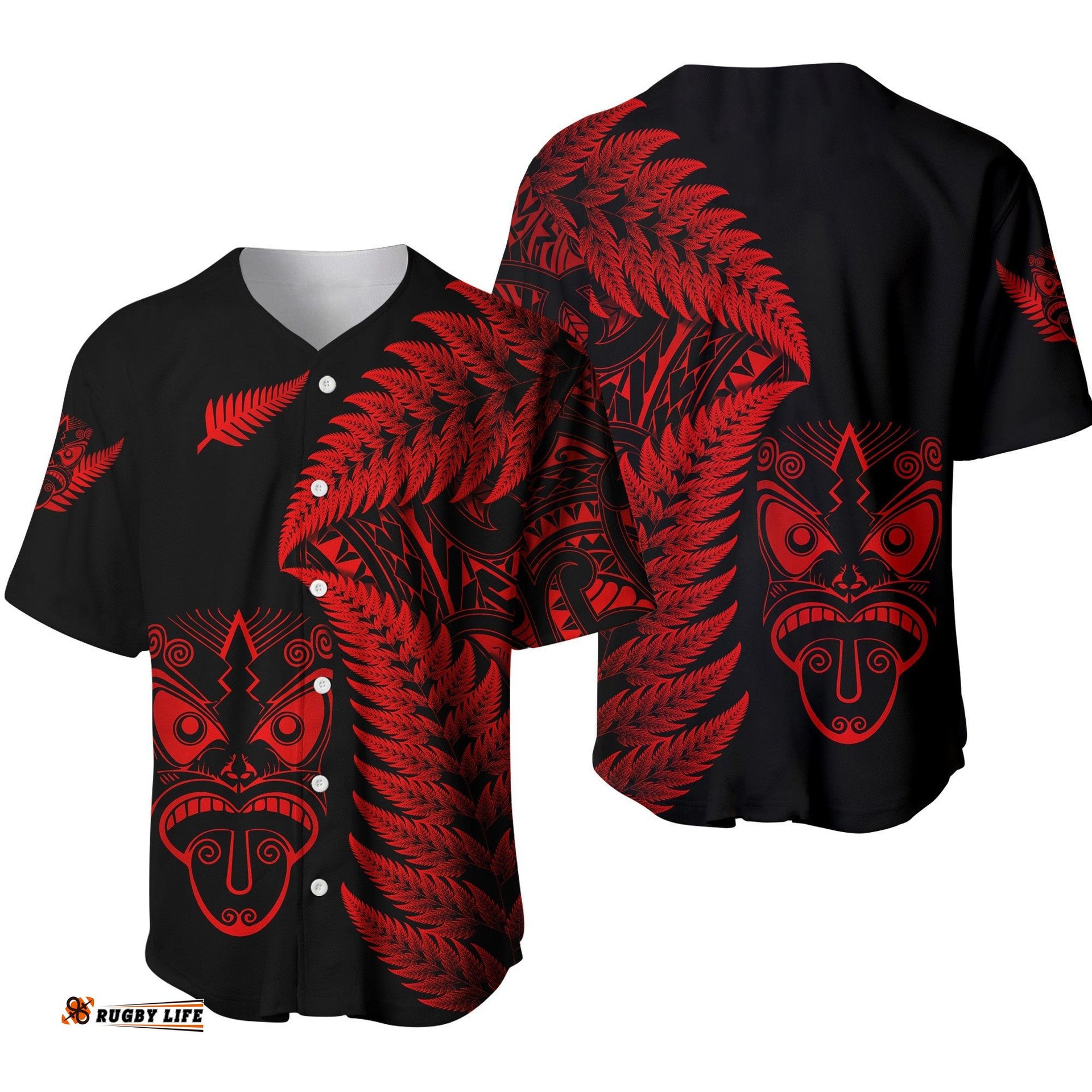 New Zealand Haka Rugby Maori Baseball Jersey Shirt Silver Fern Vibes Red