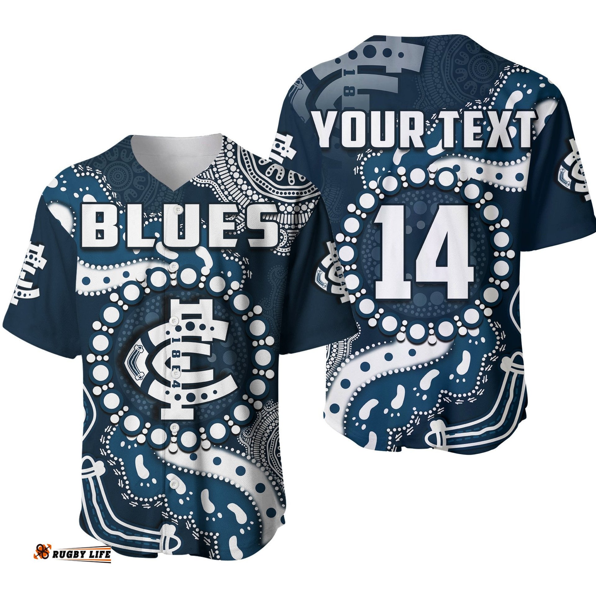 Custom Text And Number Carlton Football Baseball Jersey Shirt Blues 1864 Boomerang Indigenous Artsy