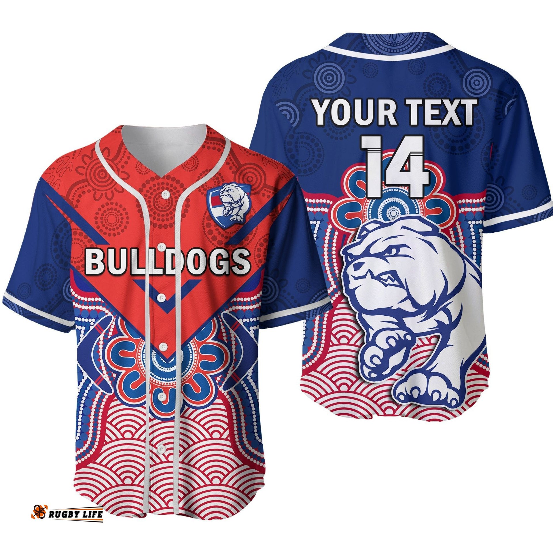 Custom Text And Number Bulldogs Football Baseball Jersey Shirt Western Doggies Aboriginal Art Ver.02