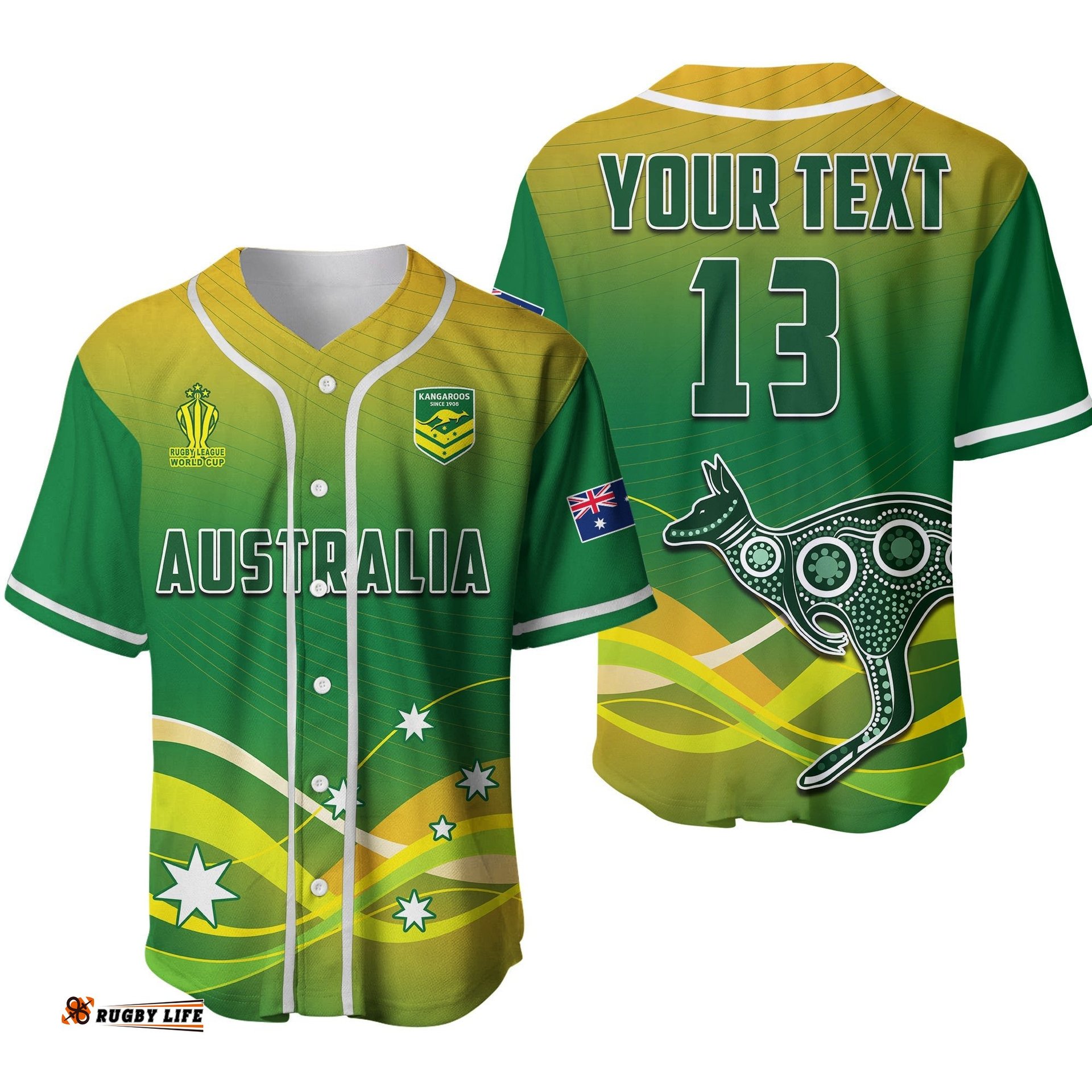 Custom Text and Number Australia Rugby Baseball Jersey Shirt Champions RLWC Kangaroos World Cup Rugby Ver.02