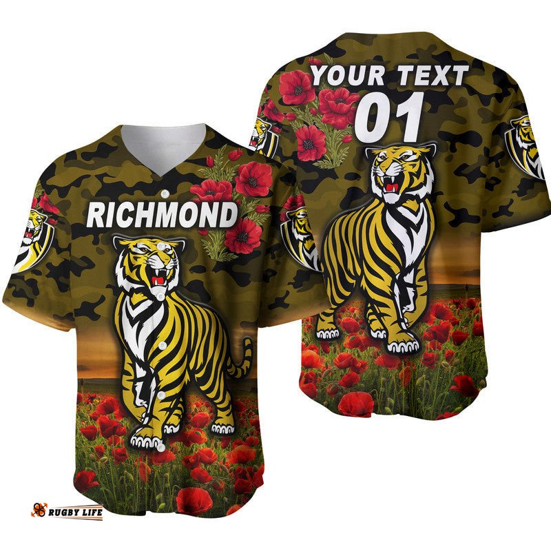 Custom Personalised Richmond Tigers ANZAC Baseball Jersey Shirt Poppy Vibes Black