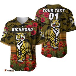 Custom Personalised Richmond Tigers ANZAC Baseball Jersey Shirt Poppy Vibes Black