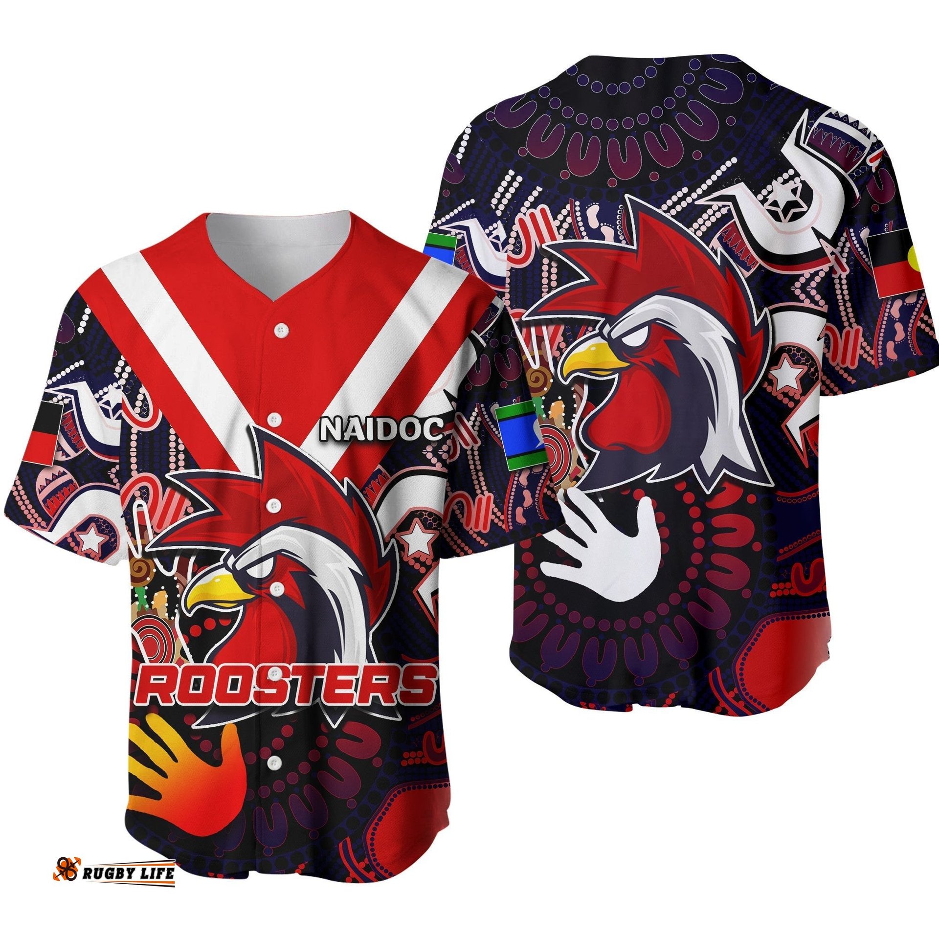 Roosters NAIDOC Aboriginal Patterns Baseball Jersey Shirt