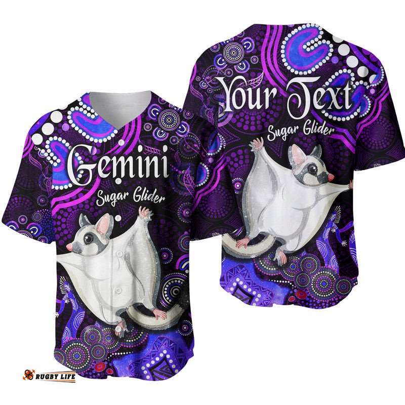 Custom Personalised Australian Astrology Baseball Jersey Shirt Gemini Sugar Glider Zodiac Aboriginal Vibes Purple