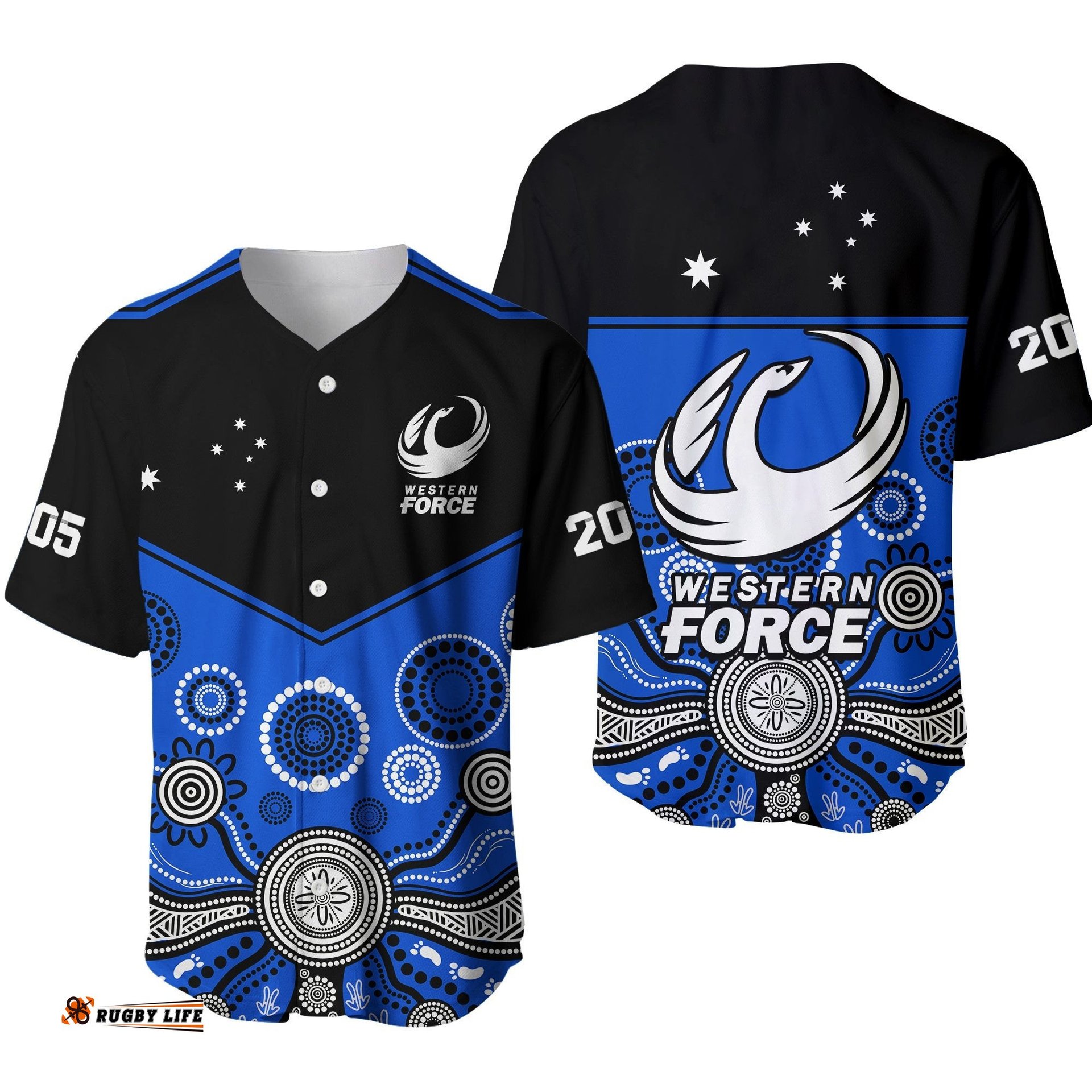 Western Force Super Rugby Baseball Jersey Shirt Est 2005 Indigenous Art Ver.01