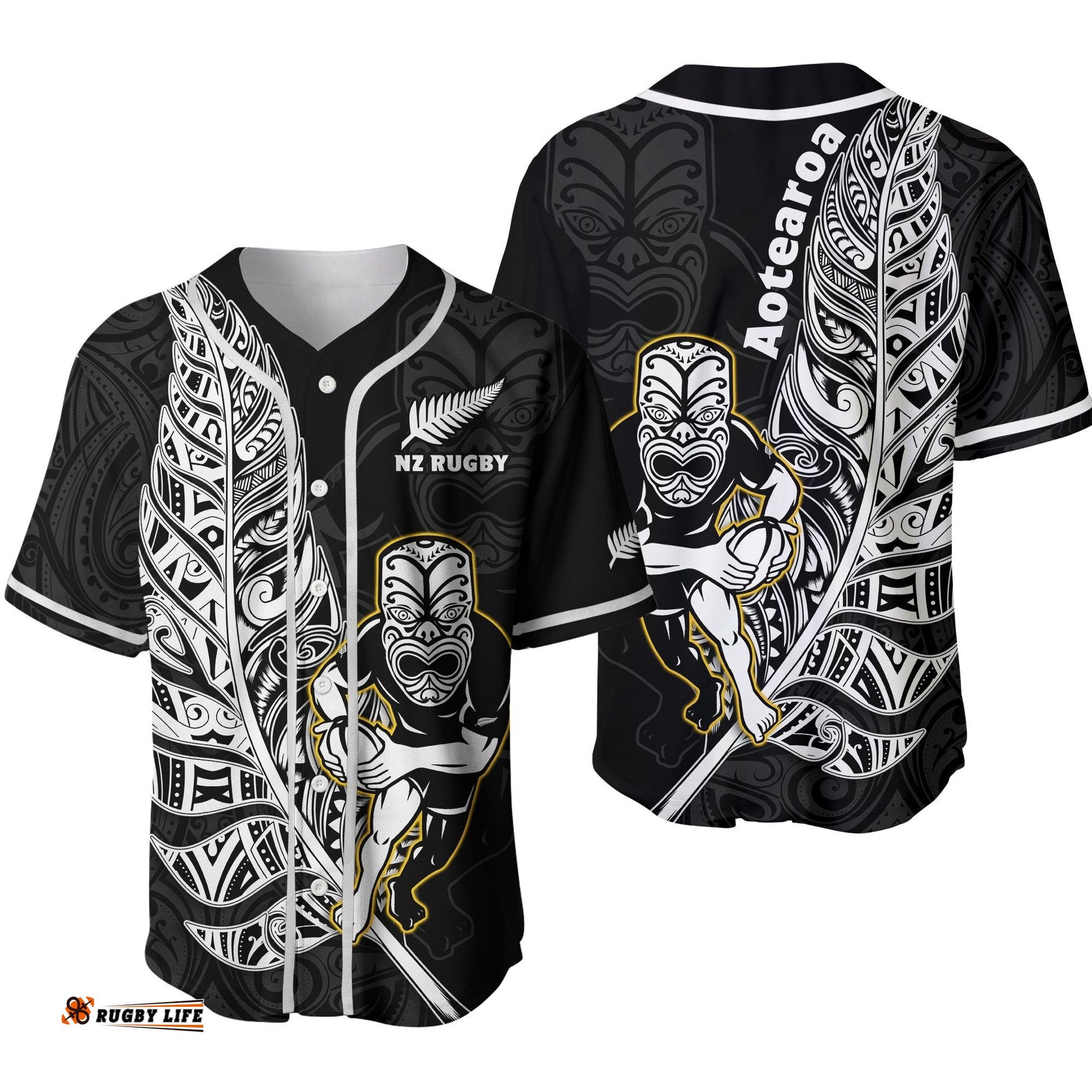 New Zealand Silver Fern Rugby Baseball Jersey Shirt All Black Maori Version Black Ver.02