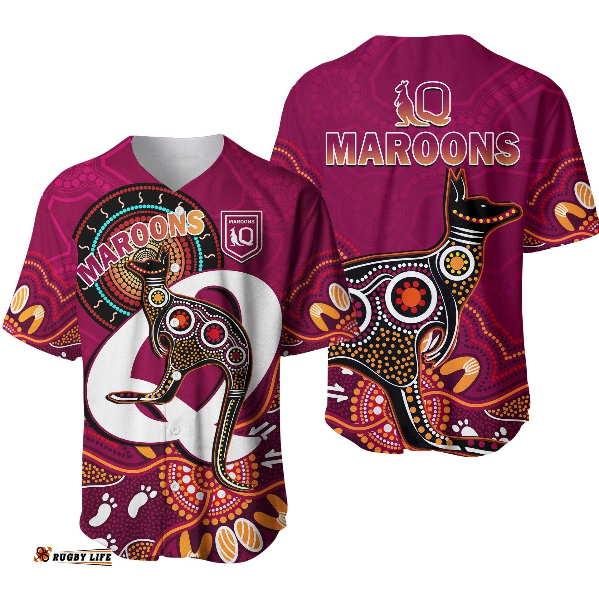 Maroons Rugby Baseball Jersey Shirt Queensland Kangaroo Aboriginal Dot Paintings